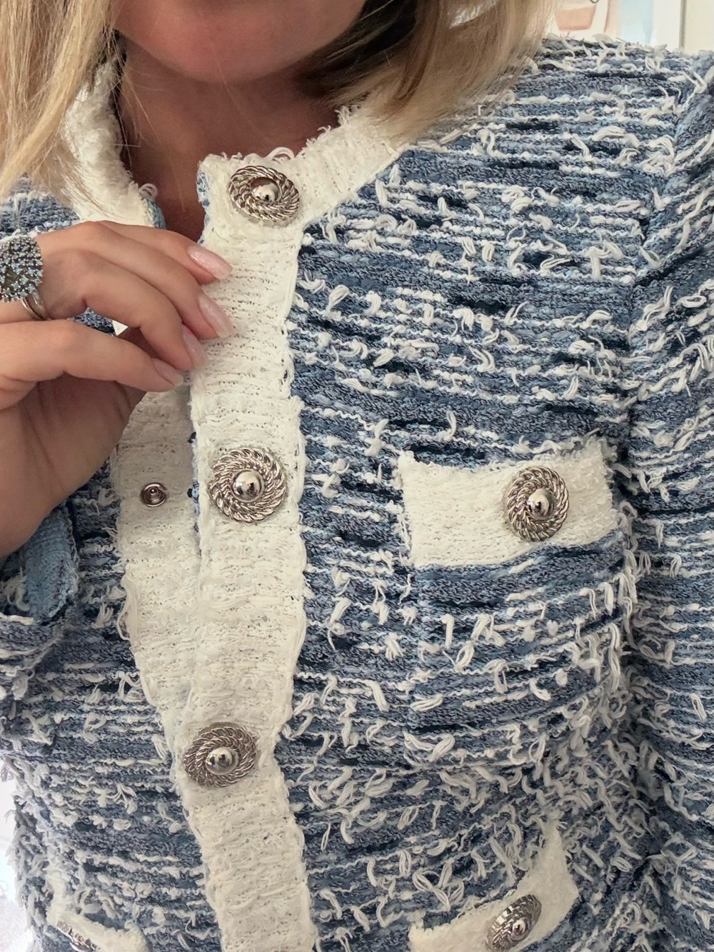 Vintage Pookie & Sebastian Blue White Bouclé Tweed Blazer Jacket Size 6 USA - Picture 4 of 9